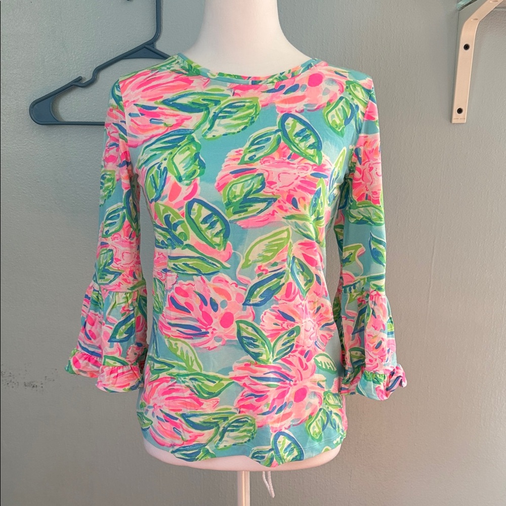 Floral Bell-Sleeve Women's Top in Aqua and Pink